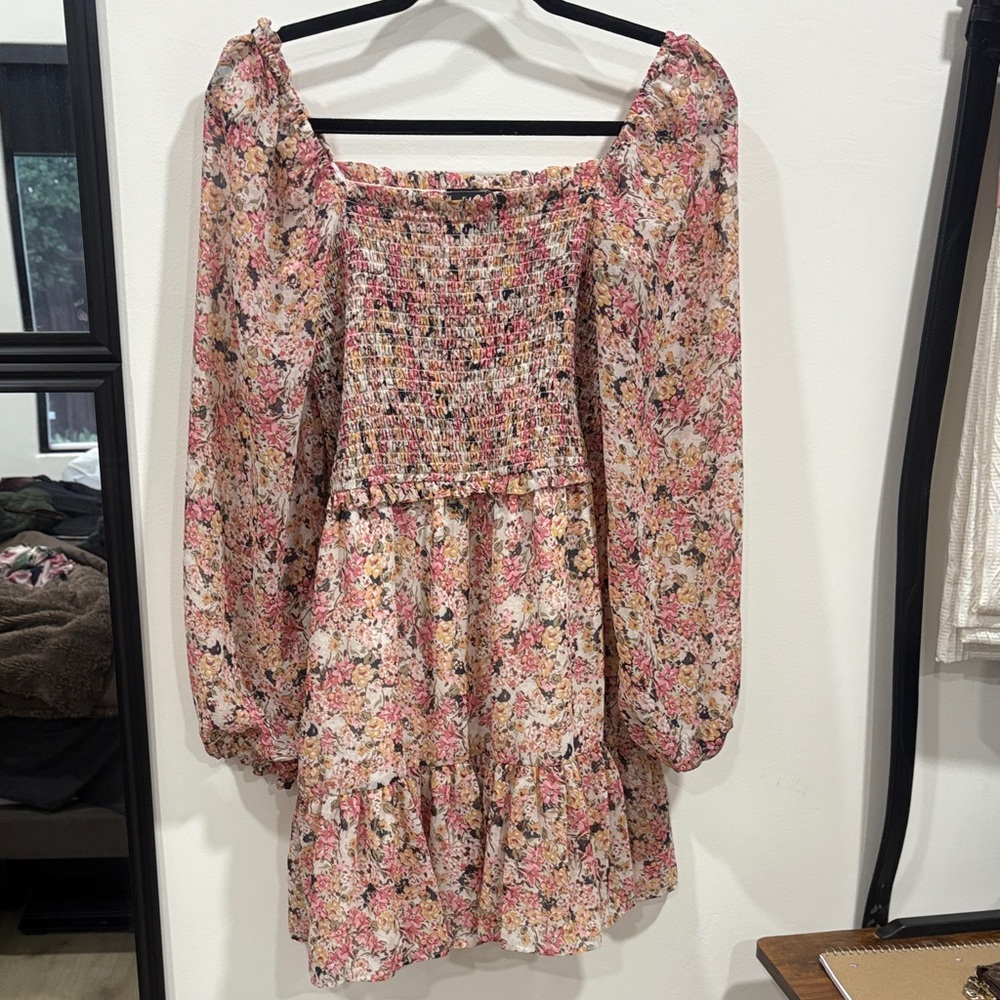 MSK Pink and Cream Floral Smocked Long Sleeve Mini Dress